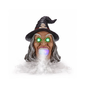 Halloween Witch Head Decor with LED Light and Mist Effect