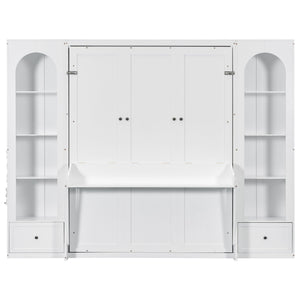 French Style Murphy Platform Bed With Shelf, Side Cabinets, Drawers And LED