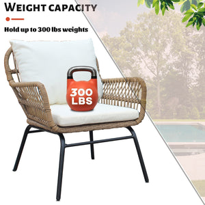6PCS Outdoor Patio Balcony Natural Color Wicker Sofa Chair Set with Beige Cushion and Round Tempered Glass Table