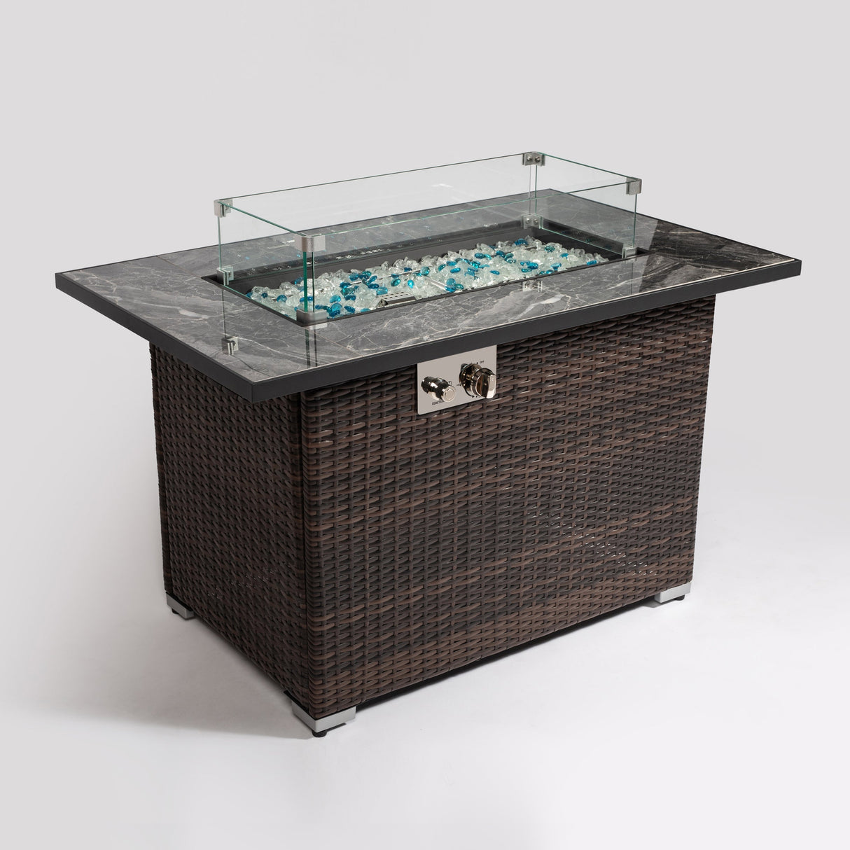 44' Propane Gas Fire Pit Table, 50000 BTU Rectangular Fire Pit, Tile Tabletop with Beautiful Wicker Base for Outside Patio Deck Garden Courtyard-Brown