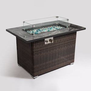 44' Propane Gas Fire Pit Table, 50000 BTU Rectangular Fire Pit, Tile Tabletop with Beautiful Wicker Base for Outside Patio Deck Garden Courtyard-Brown
