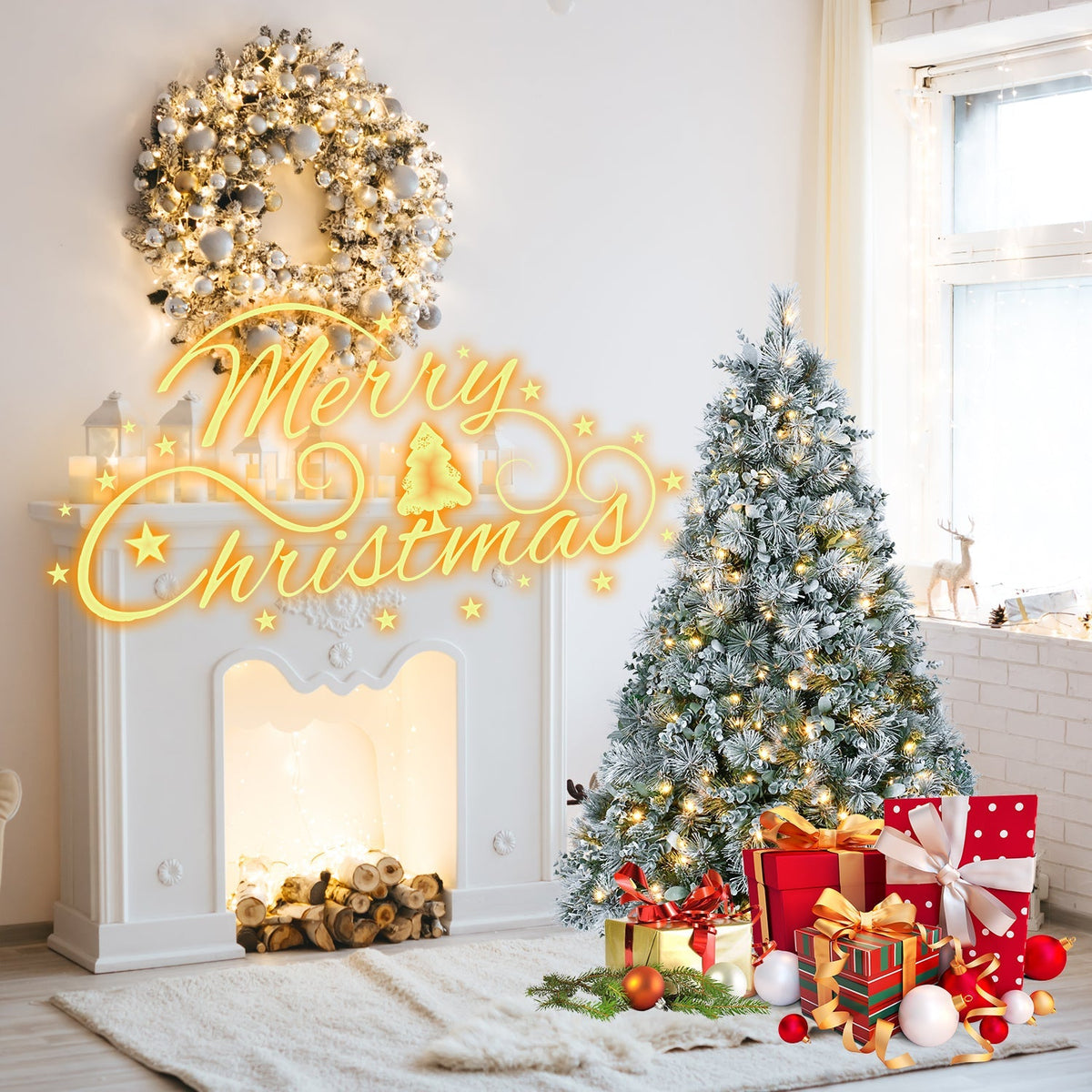 4FT Prelit Flocked Christmas Tree with Pine Needles & Eucalyptus Leaves - Flocked