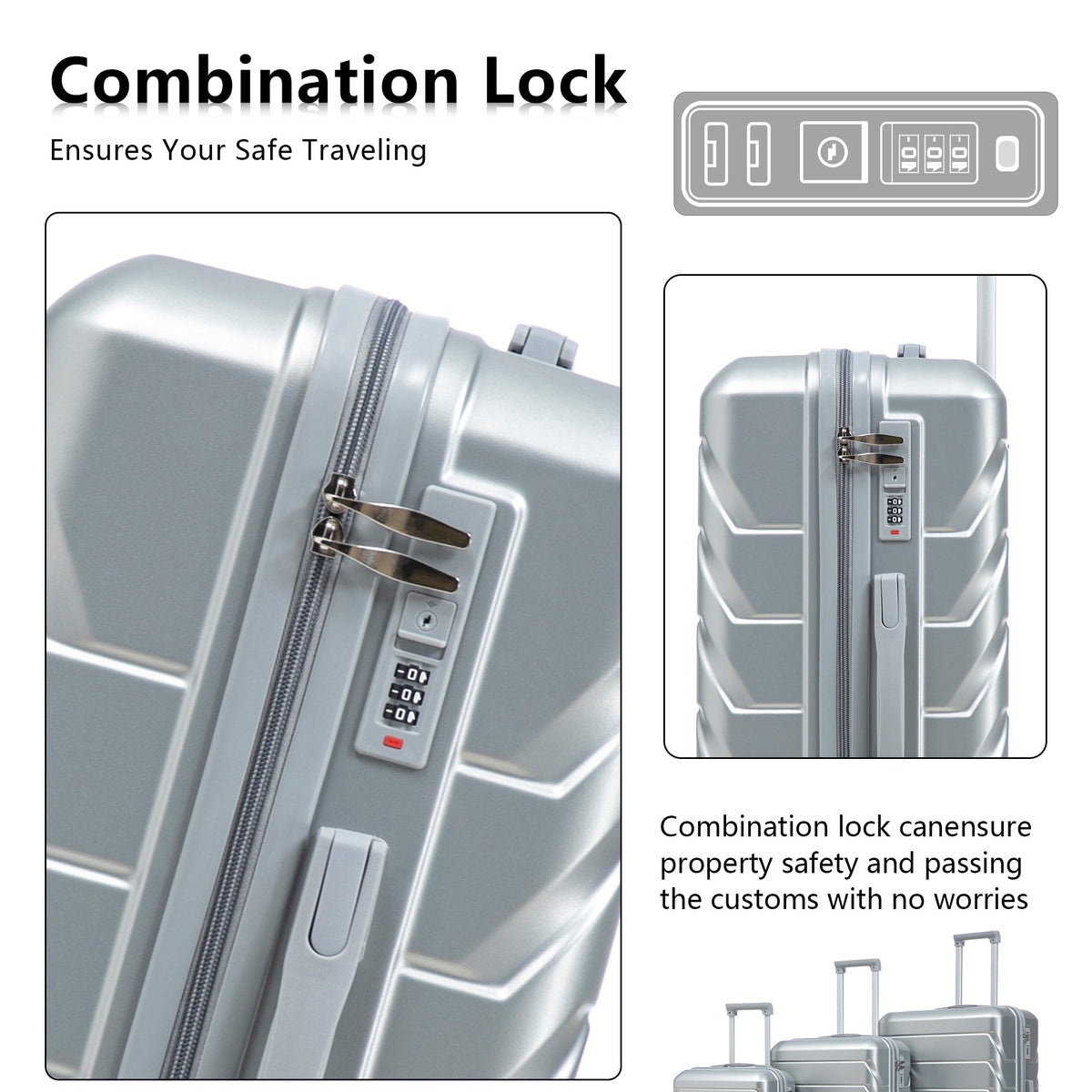 3-Piece ABS Spinner Wheel Luggage Set with Combination Lock - Silver