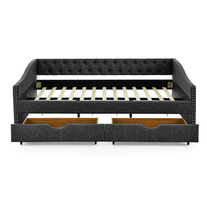 Upholstered Tufted Daybed With 2 Drawers, Waved Arms