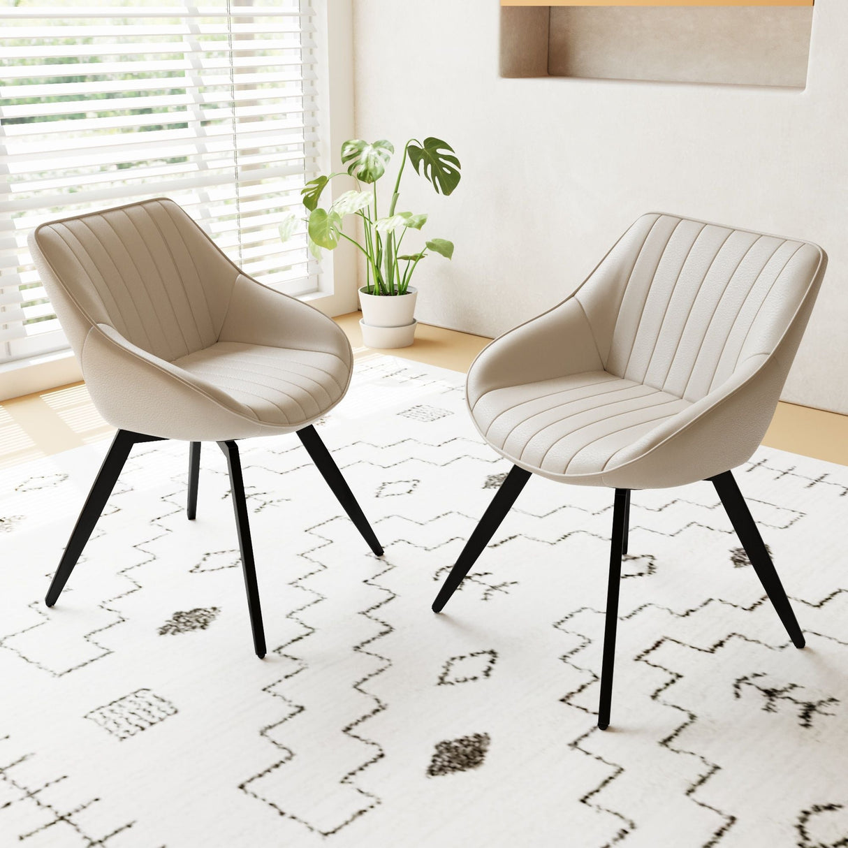 Round Coffee Table With 2 Dining Chairs Set, Ring Striped Design - Beige / Wood