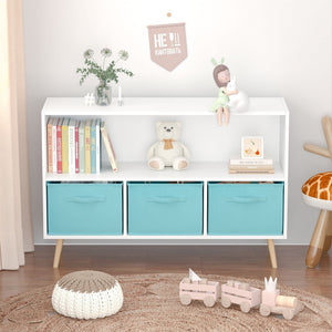Bookcase With Collapsible Drawers, Book Display Storage Cabinet Organizer - White / Blue