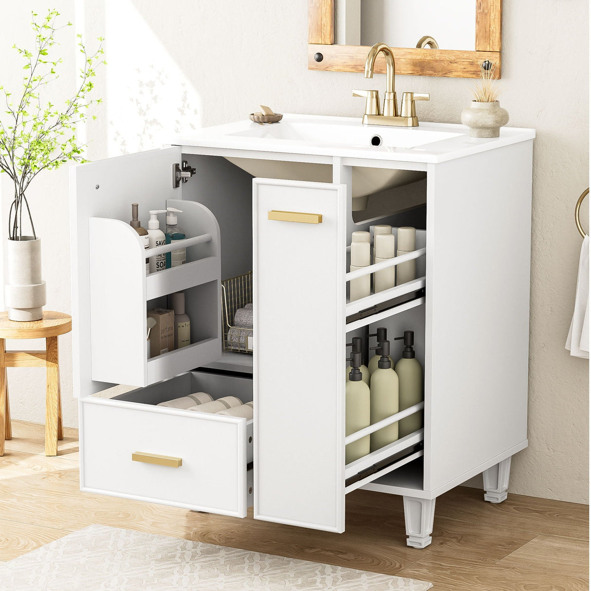 Bathroom Vanity With Sink, Deep Drawer, Door Shelf, 2 Tier Basket