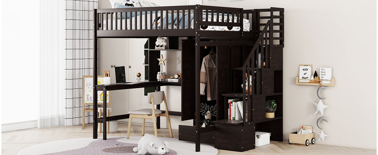 Loft Bed With Bookshelf, Drawers, Desk, And Wardrobe