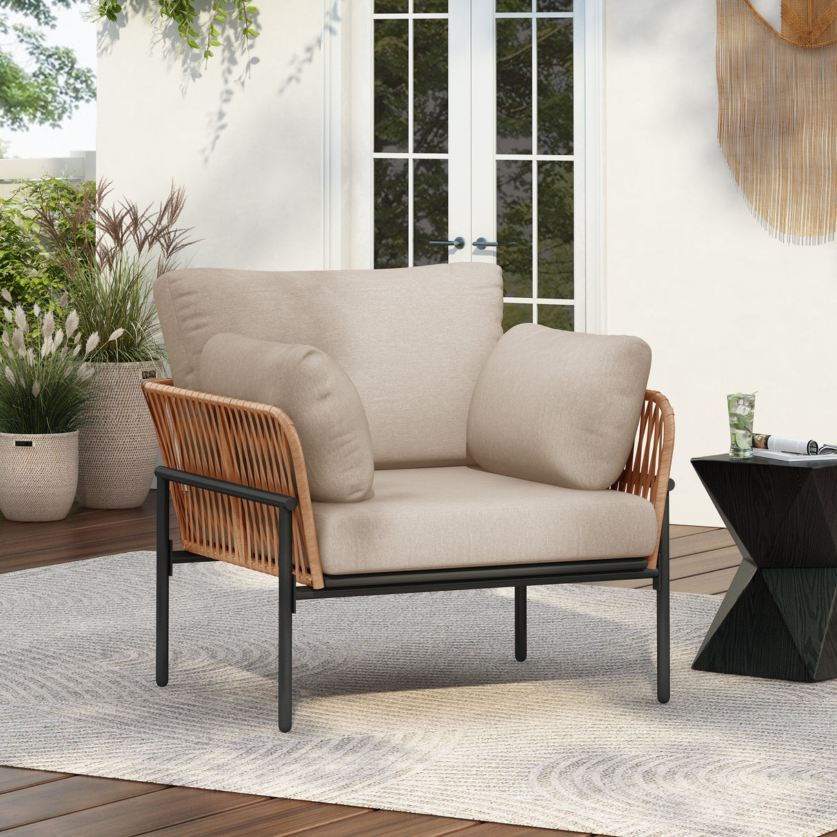 36' Beige and Light Wood-Tone Rope Iron Lounge Chair with Cushions, Perfect for Natural and Modern Spaces