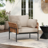 36' Beige and Light Wood-Tone Rope Iron Lounge Chair with Cushions, Perfect for Natural and Modern Spaces