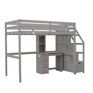 Loft Bed With Stand Alone Bed, Storage Staircase, Desk, Shelves, And Drawers