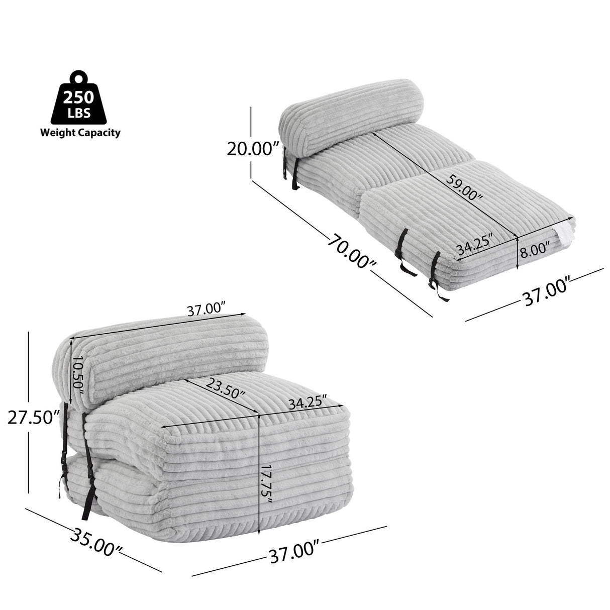 Latina Indoor Foldable Bean Bag Lounge Chair - Light Gray
