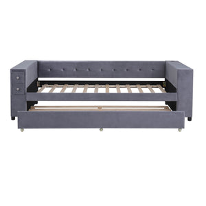 Upholstered Bed With Storage And Twin Trundle, USB Charging Ports