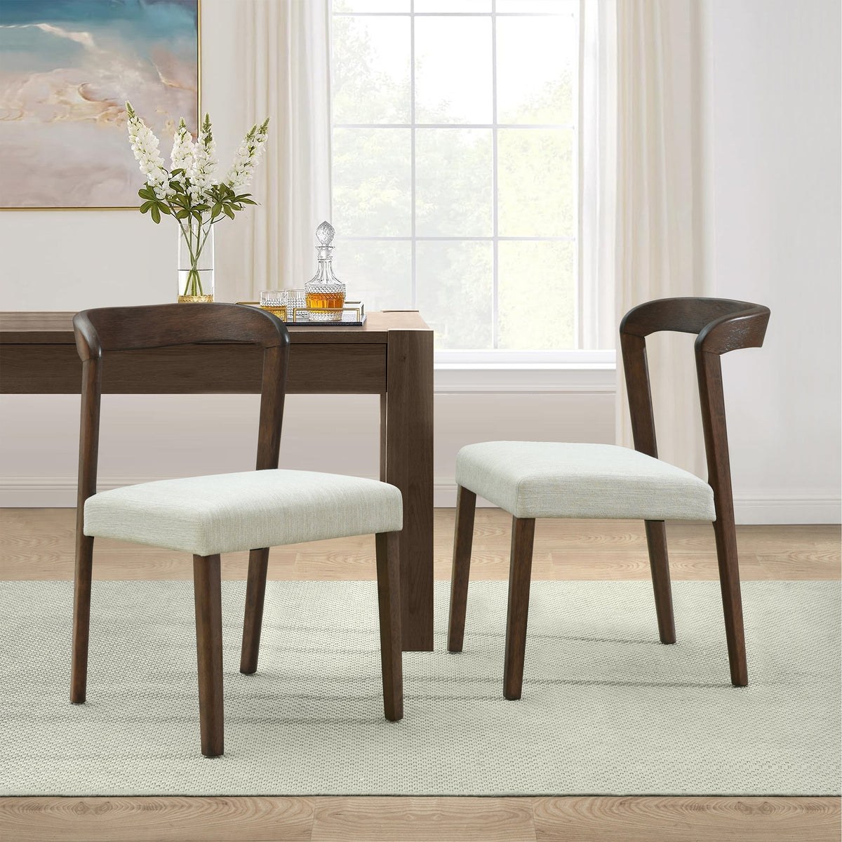Solid Rubber Wood Dining Chairs (Walnut + Beige) Set of 2