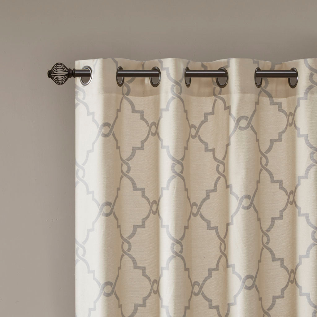 Fretwork Print Grommet Top Window Curtain Panel with Sunlight Filtering - Beige/Grey