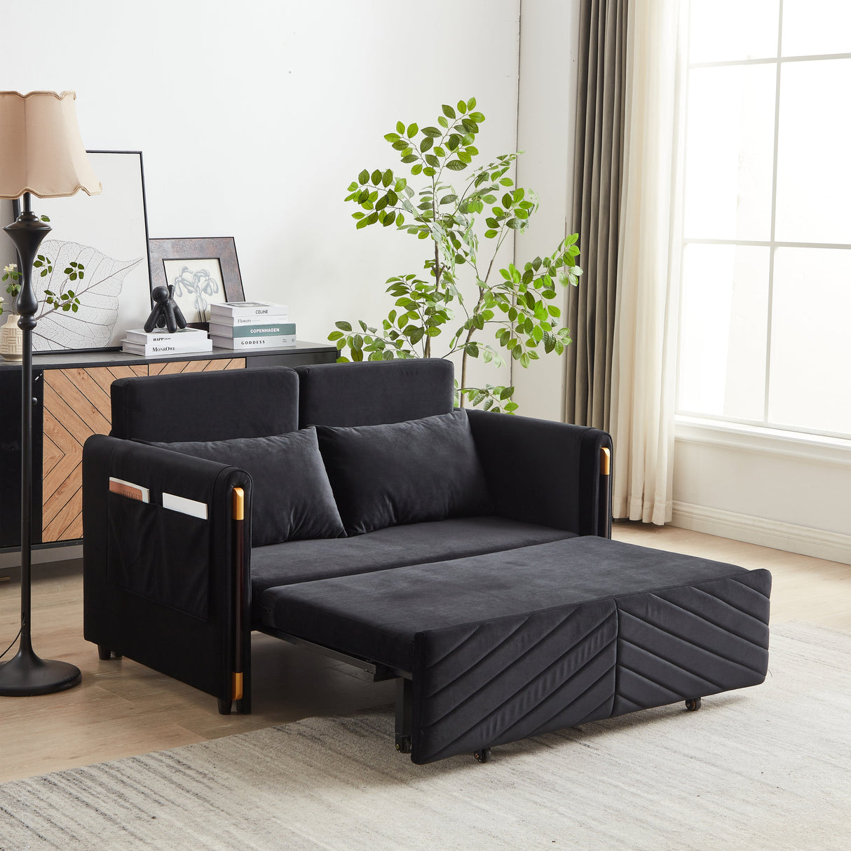 Conway Convertible Velvet Loveseat Sleeper with Arm Storage and Adjustable Back