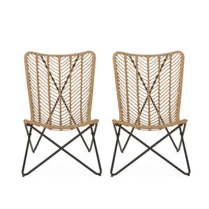 Wicker Chair With Geometric Cross Base (Set of 2) - Light Brown