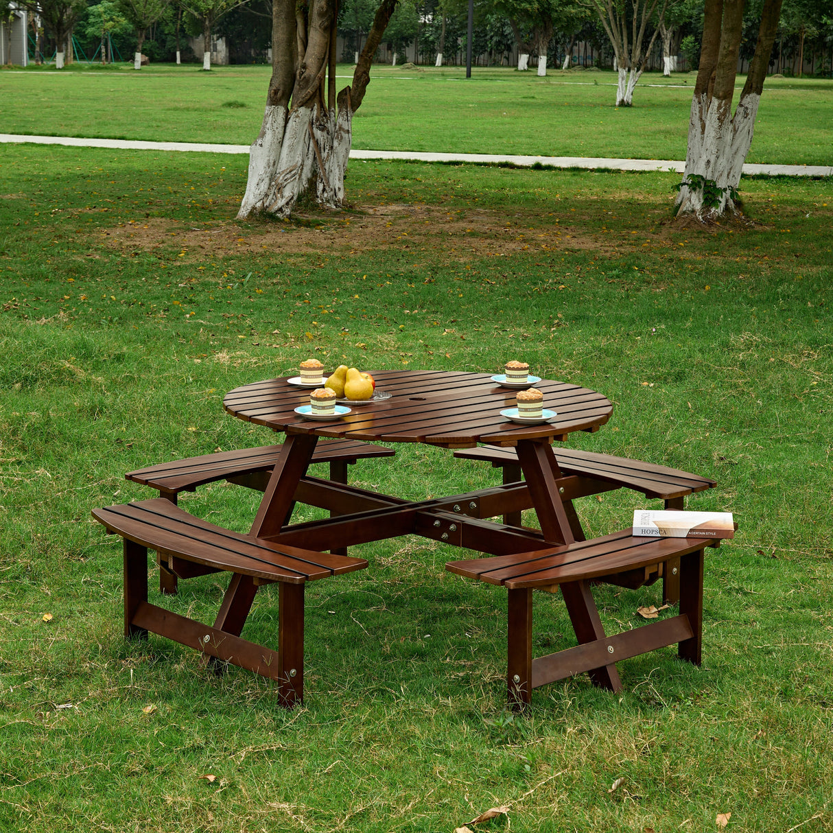 Outdoor 8 Person Picnic Table, 8 person Round Picnic Table with 4 Built-in Benches, Umbrella Hole,  Brown