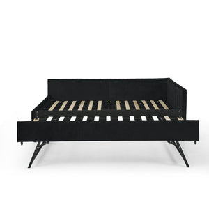 Full Size Upholstered Daybed With Trundle, Tufted Backrest And Armrests - Black