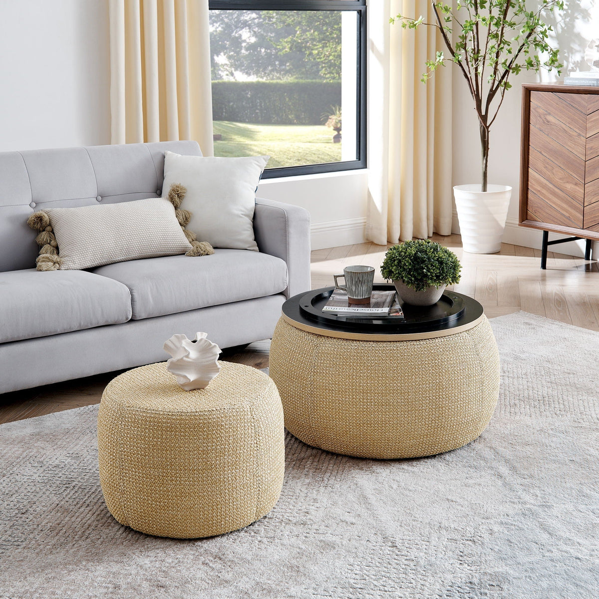 Round Storage Ottoman, 2 In 1 Function, End Table And Ottoman