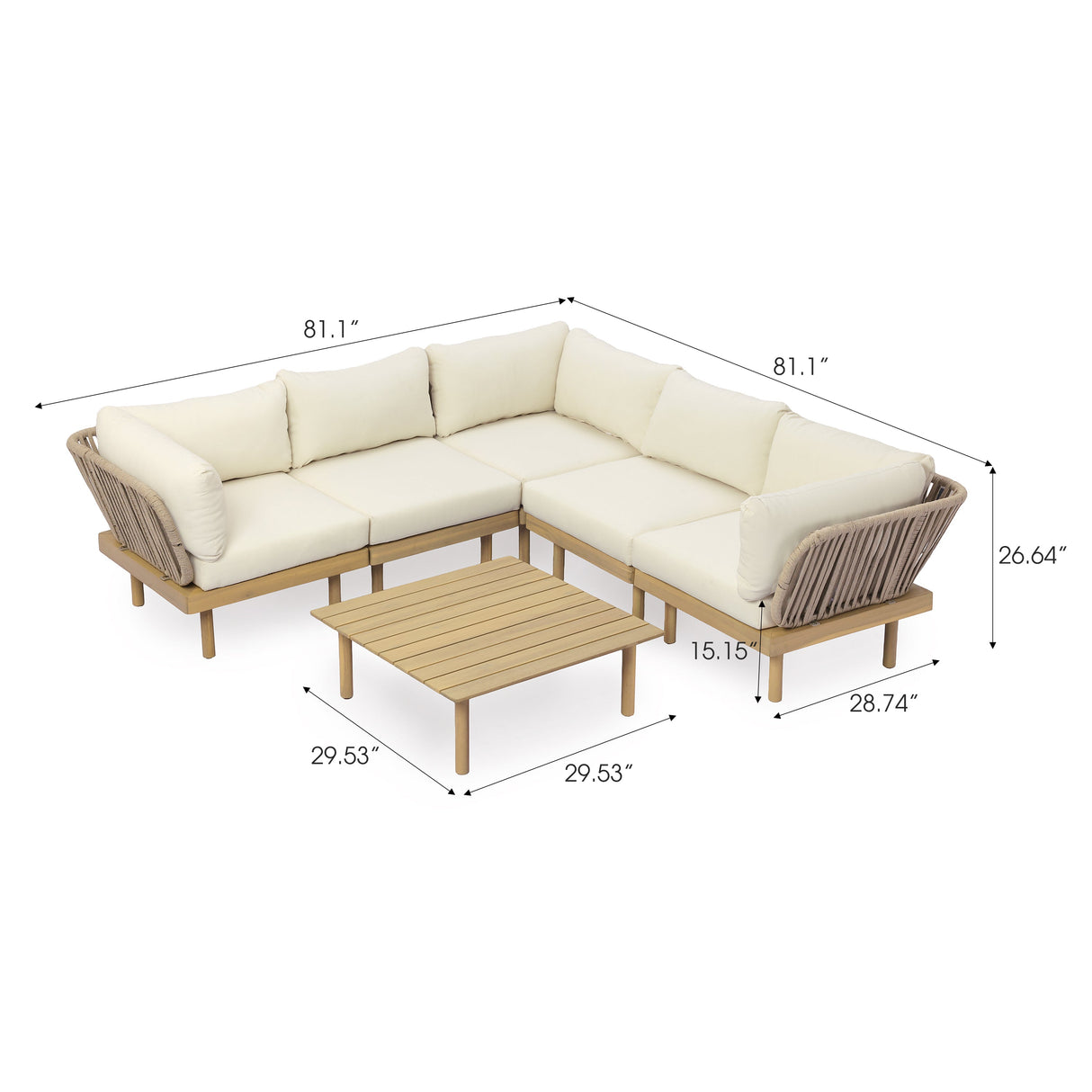 6-Piece Acacia Wood L-Shaped Modular Outdoor Sofa Set with Rope Back & Weather-Resistant Cushions
