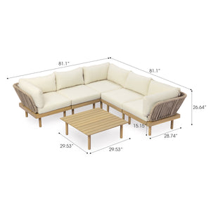6-Piece Acacia Wood L-Shaped Modular Outdoor Sofa Set with Rope Back & Weather-Resistant Cushions