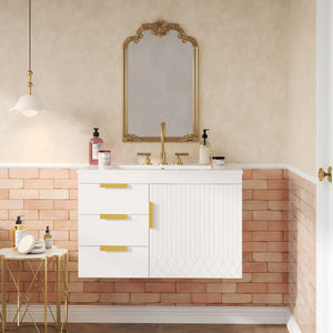 Modern Wall Mounted Bathroom Cabinet with Ceramic Sink, Soft-Closing Drawer and Door