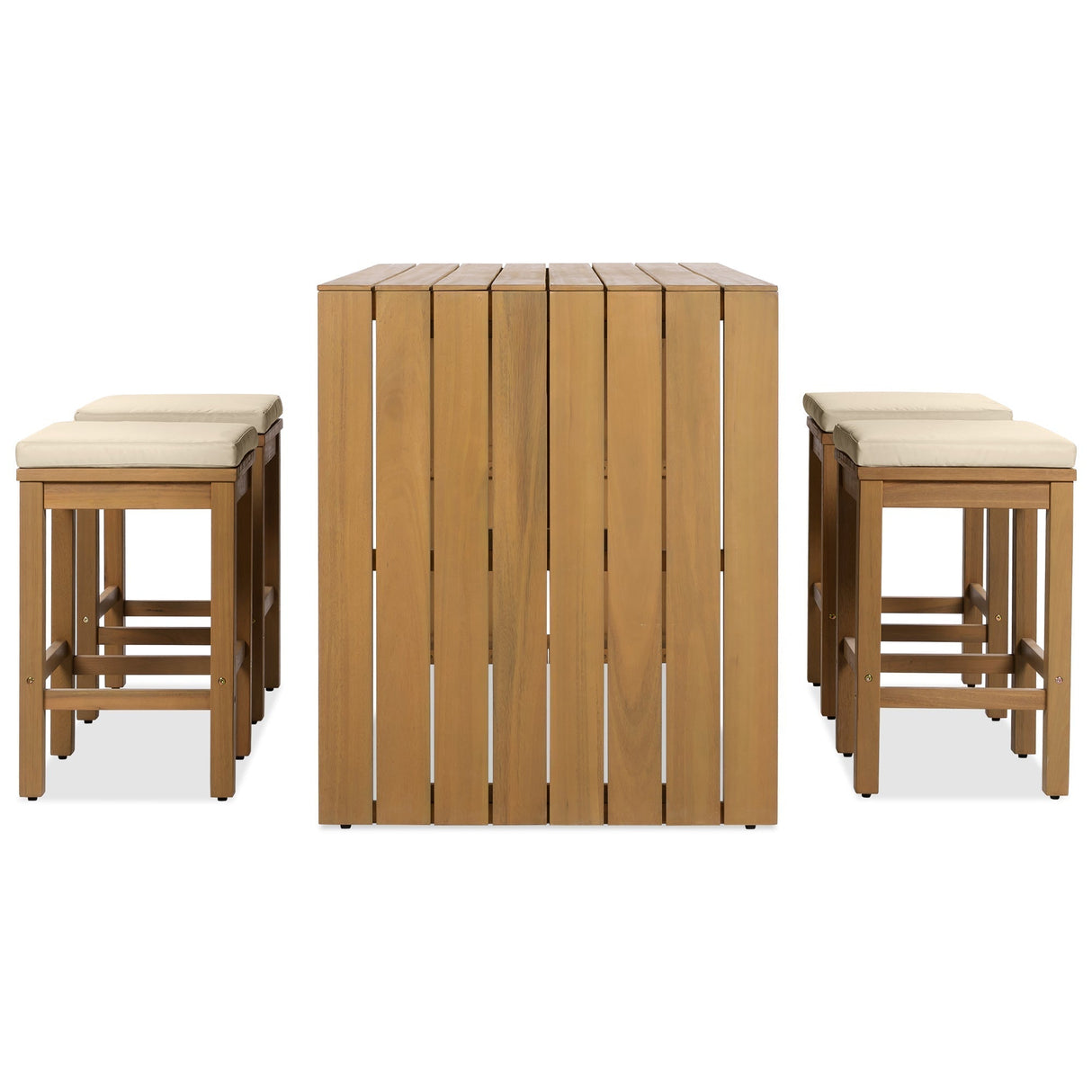 5 Piece Outdoor Bar Set with Acacia Wood Table and Cushioned Stools