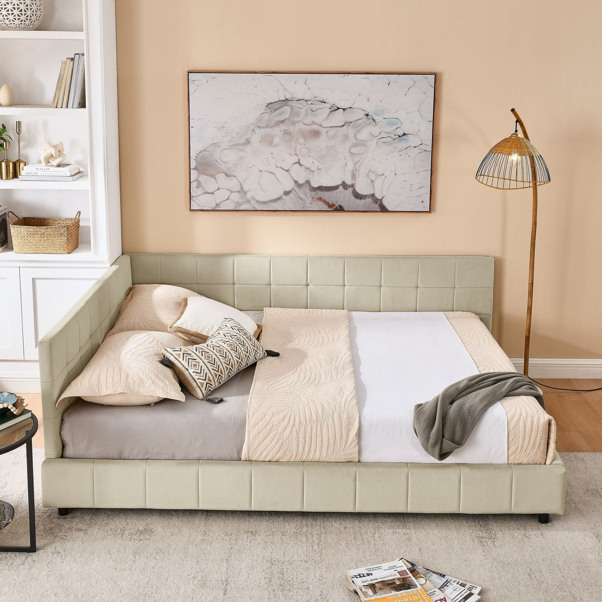 Mid-Century Storage Upholstered Tufted Bed Frame with Backrest and Armrests