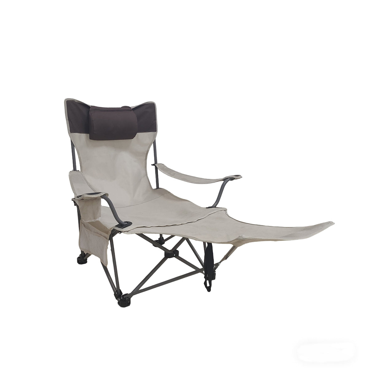 Beige Outdoor Folding Camping Chair with Adjustable Recline and Cup Holder