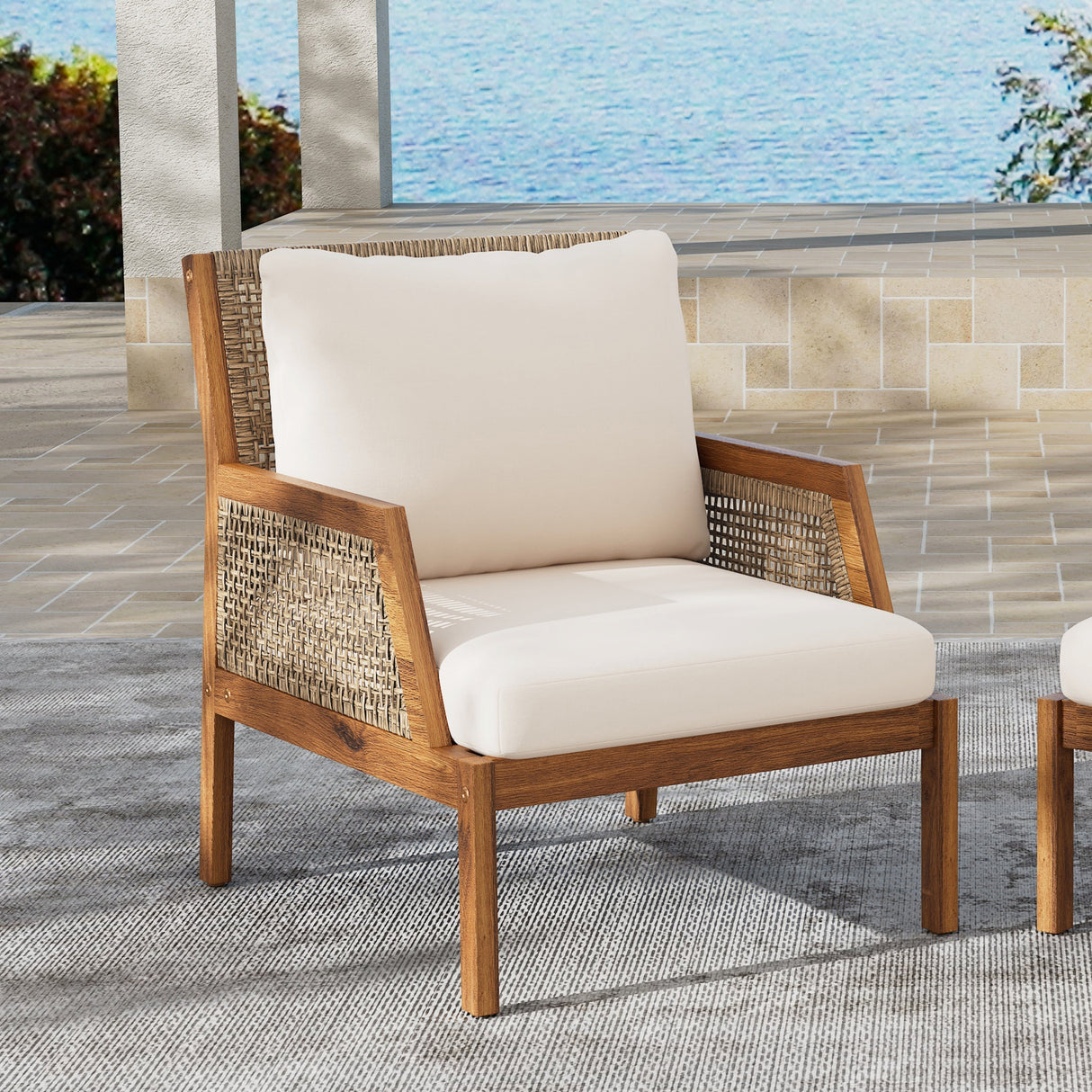 Acacia Wood Patio Furniture Club Chair Outdoor Wicker Armchair with Deep Seating and Soft Cushions