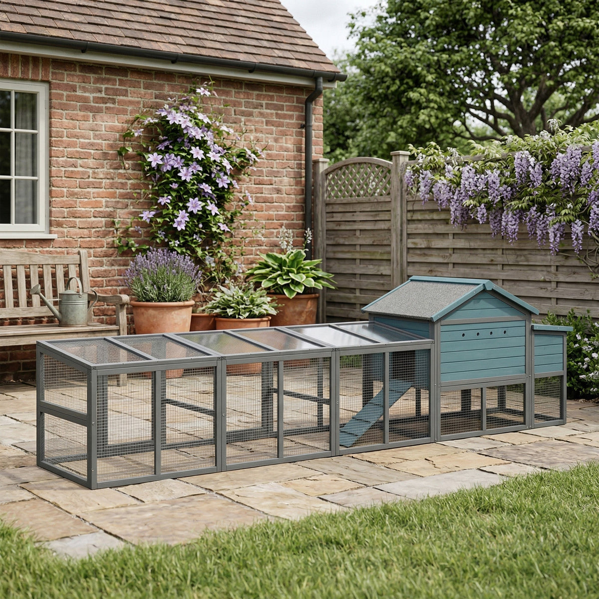 141" Large Wooden Chicken Coop with Nesting Box and Wire Fence - Blue-Gray