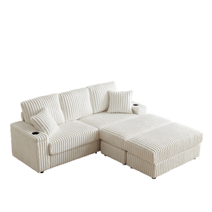 84-Inch Corduroy 3-Seater Sofa with Pillows and Ottomans