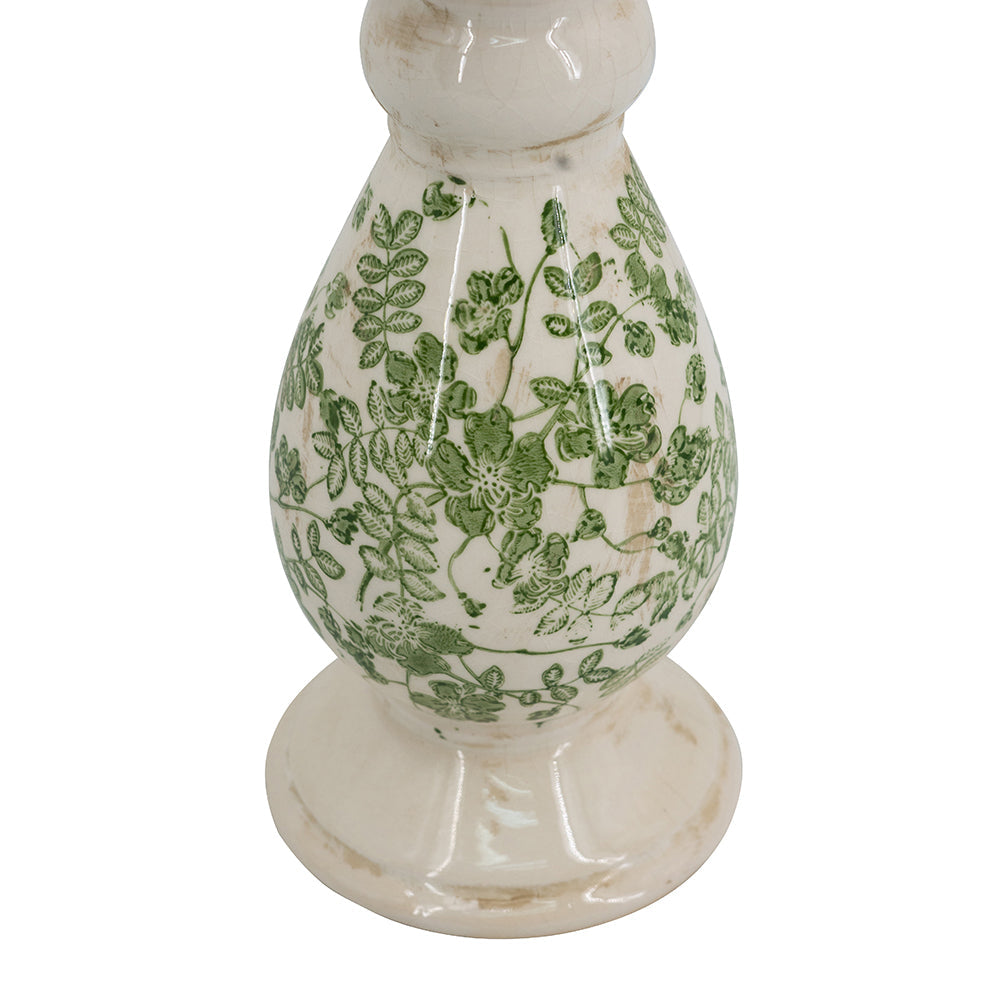 White Ceramic Candle Holder with Green Floral Patterns - 10" Height