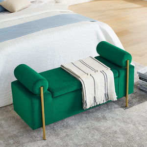Elegant Upholstered Storage Bench With Cylindrical Arms And Iron Legs,