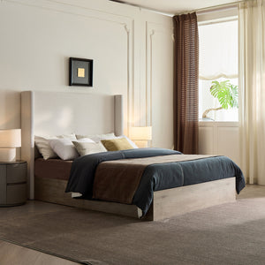 Shelton Upholstered Wingback Bed with 54-inch High Headboard in Textured Ivory Canvas Chenille