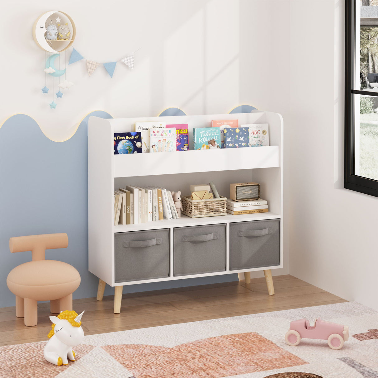 Bookshelf With 3 Bins, Storage Shelf For Toys And Books - White