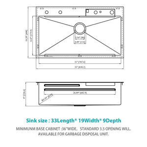 33" Stainless Steel Single Bowl Kitchen Sink With Waterfall Flow