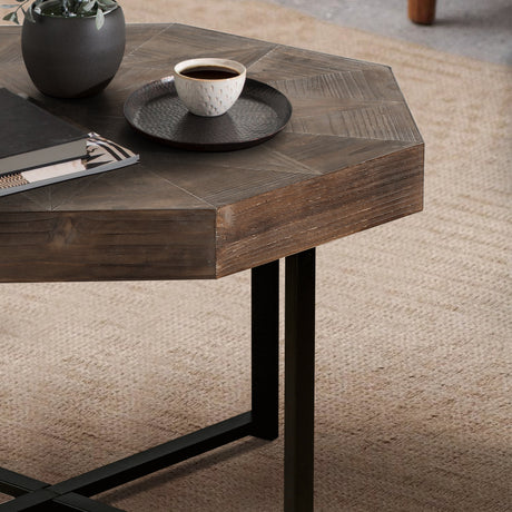 Wood Octagonal Vintage Patchwork Craft Farmhouse Coffee Table (Antique Brown)