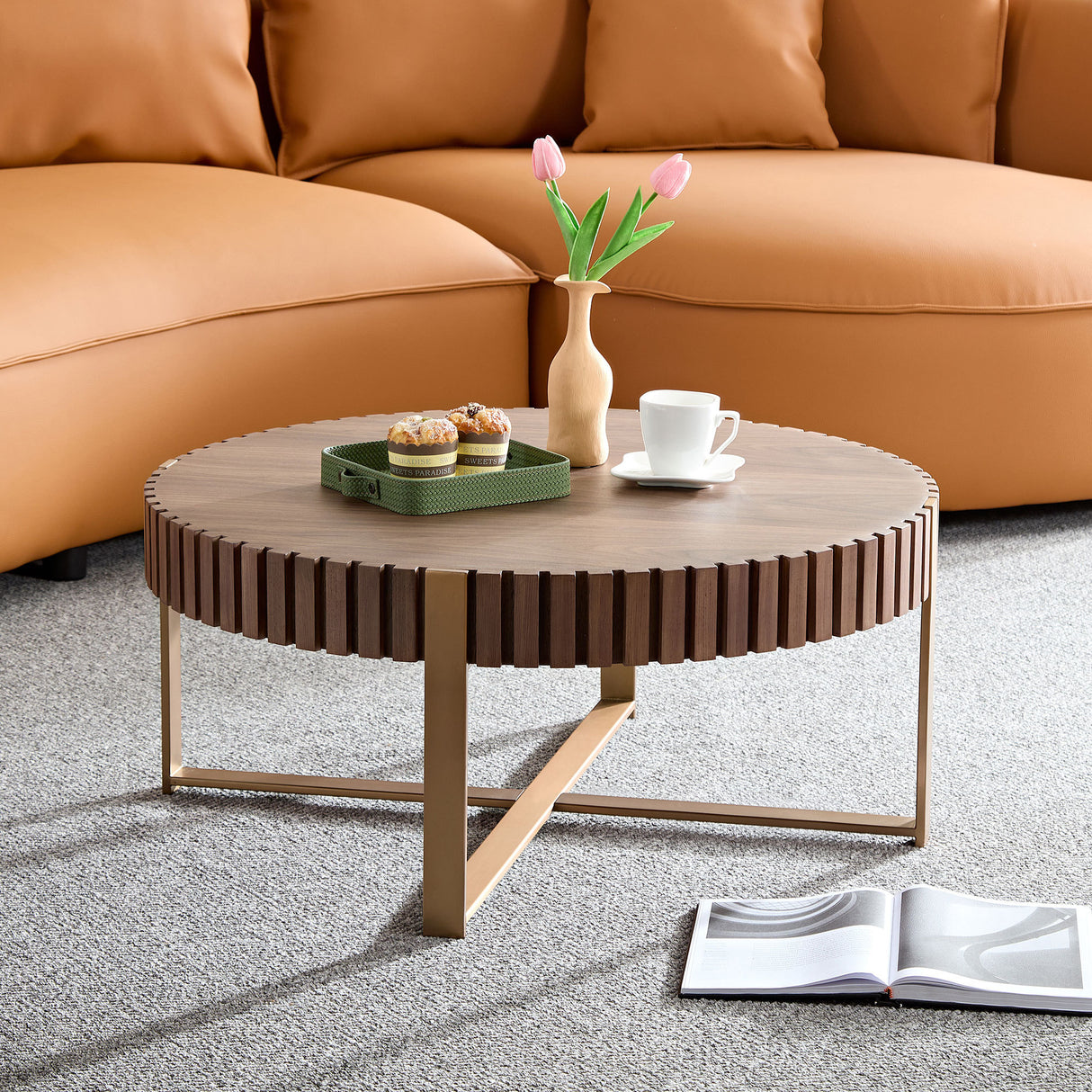 Modern handcraft drum coffee table 31.5 inch round coffee table for living room,small coffee table with sturdy pedestal,walnut
