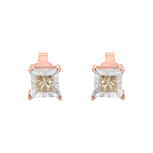 14K Rose Gold Plated Two-Tone .925 Sterling Silver 1/2 Cttw Princess-Cut Square Diamond Solitaire Miracle-Plate Stud Earrings (K-L Color, I2-I3 Clarity)