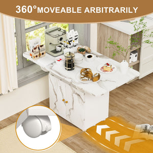 Versatile Marble Folding Dining Table With Storage Rack And Cabinet, 6 Wheels - White