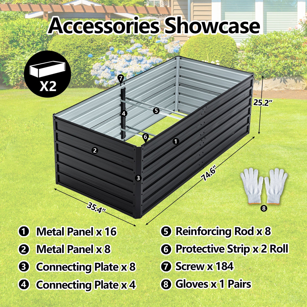 2-Pack Galvanized Metal Raised Garden Beds with Reinforced Durability - Black