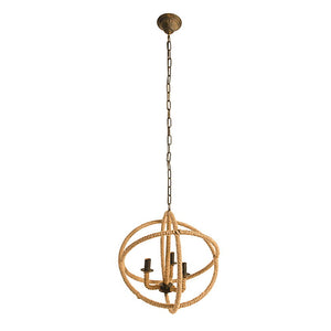 3 Light Farmhouse Chandelier, Rope Chandelier Globe Hanging Light Fixture With With Adjustable Chain For Kitchen, Bulb Not Included - Beige Brown
