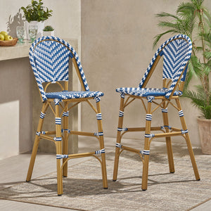 Outdoor Rattan French Barstool Set, Bamboo Finish, Navy Blue / White