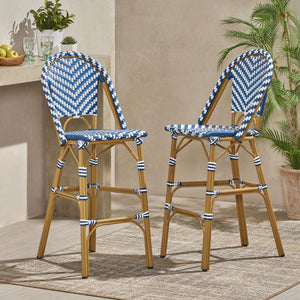 Outdoor Rattan French Barstool Set, Bamboo Finish, Navy Blue / White