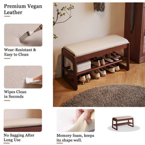 Wood Shoe Storage Bench with Premium Vegan Leather Seat