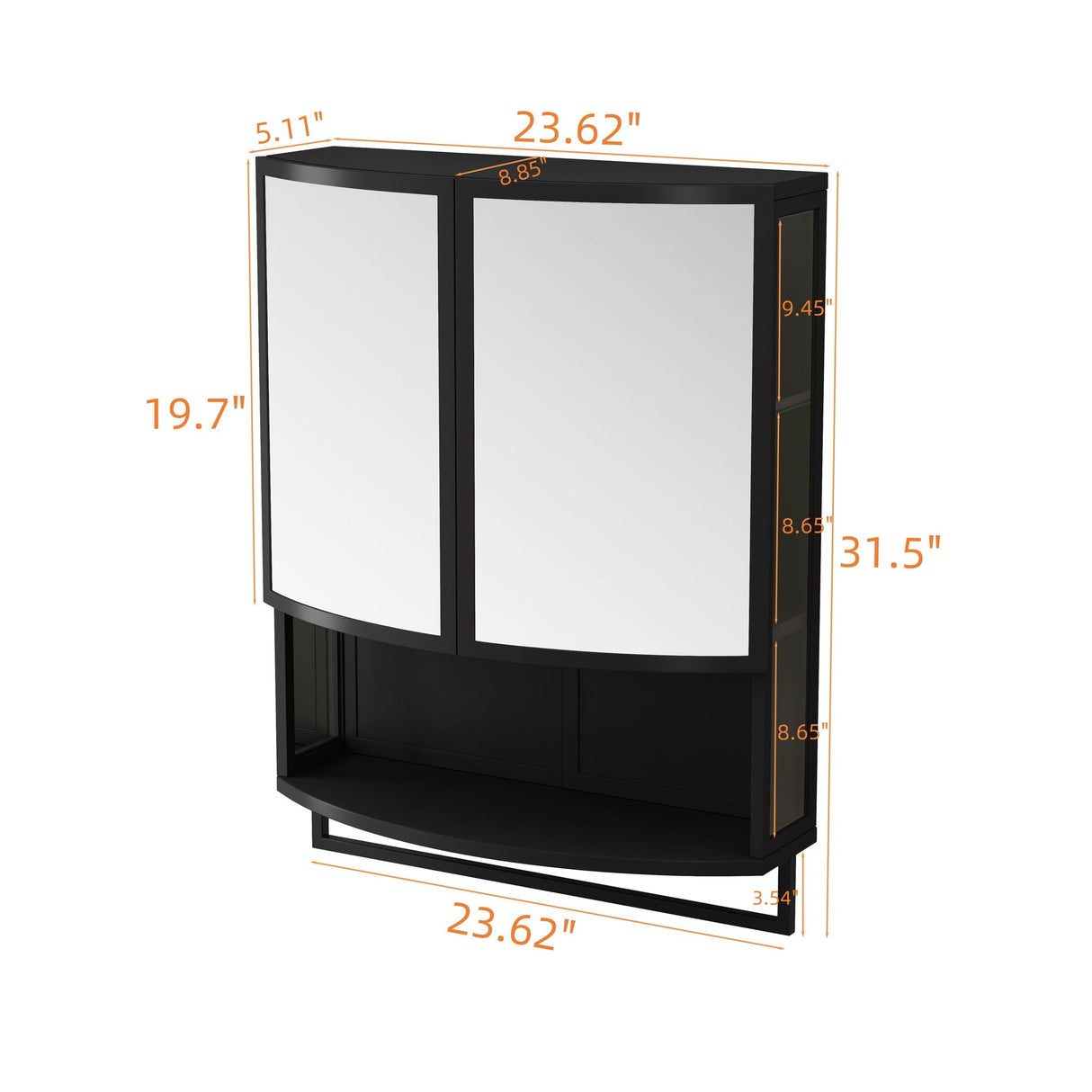 Arched Glass Double Door Wardrobe With Shatterproof Mirror, Open Shelf & Towel Rack