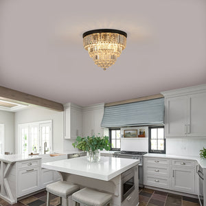 20' Luxury Crystal Flush Mount Ceiling Light with Black Finish – Elegant 6-Light Chandelier for Living Room, Dining Room, or Bedroom (Bulb Not Included)