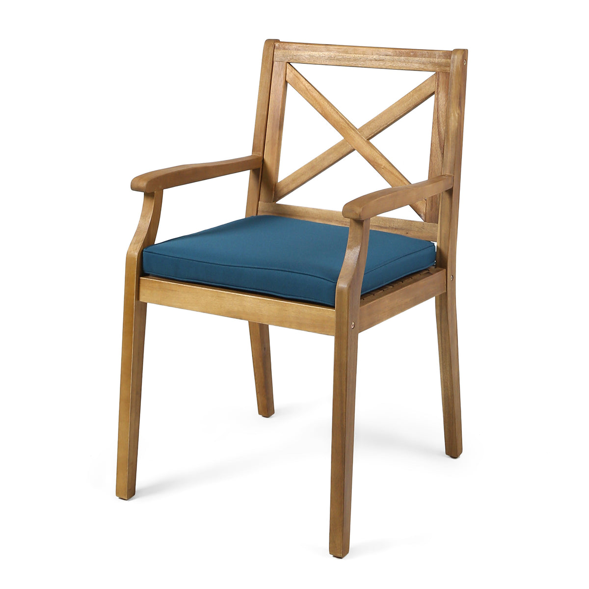 Acacia Wood Outdoor Dining Chairs with Blue Cushions - Set of 2